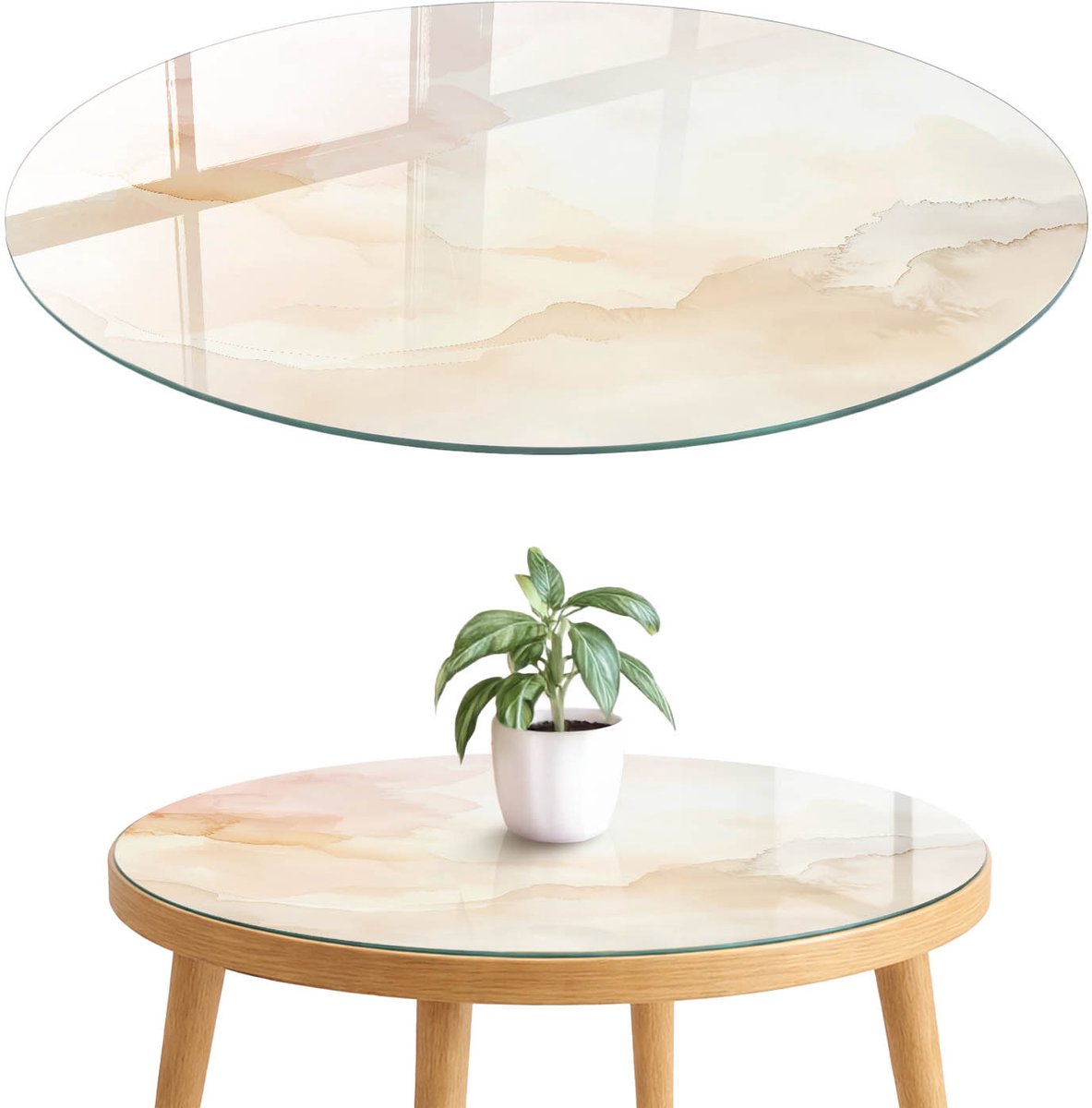 ArtPrintCave Pastel abstractie Glazen Tafelblad fi70 cm - Tafelblad Rond - Beige Terrastafel - Abstractie Glasplaat