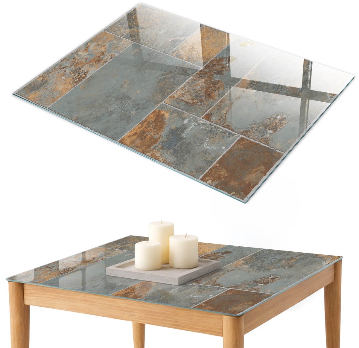 ArtPrintCave Rustieke tegels Glazen Tafelblad 100x70 cm - Tafelblad Rechthoek - Grijs Eettafel Met Glasplaat - Texturen Terrastafel