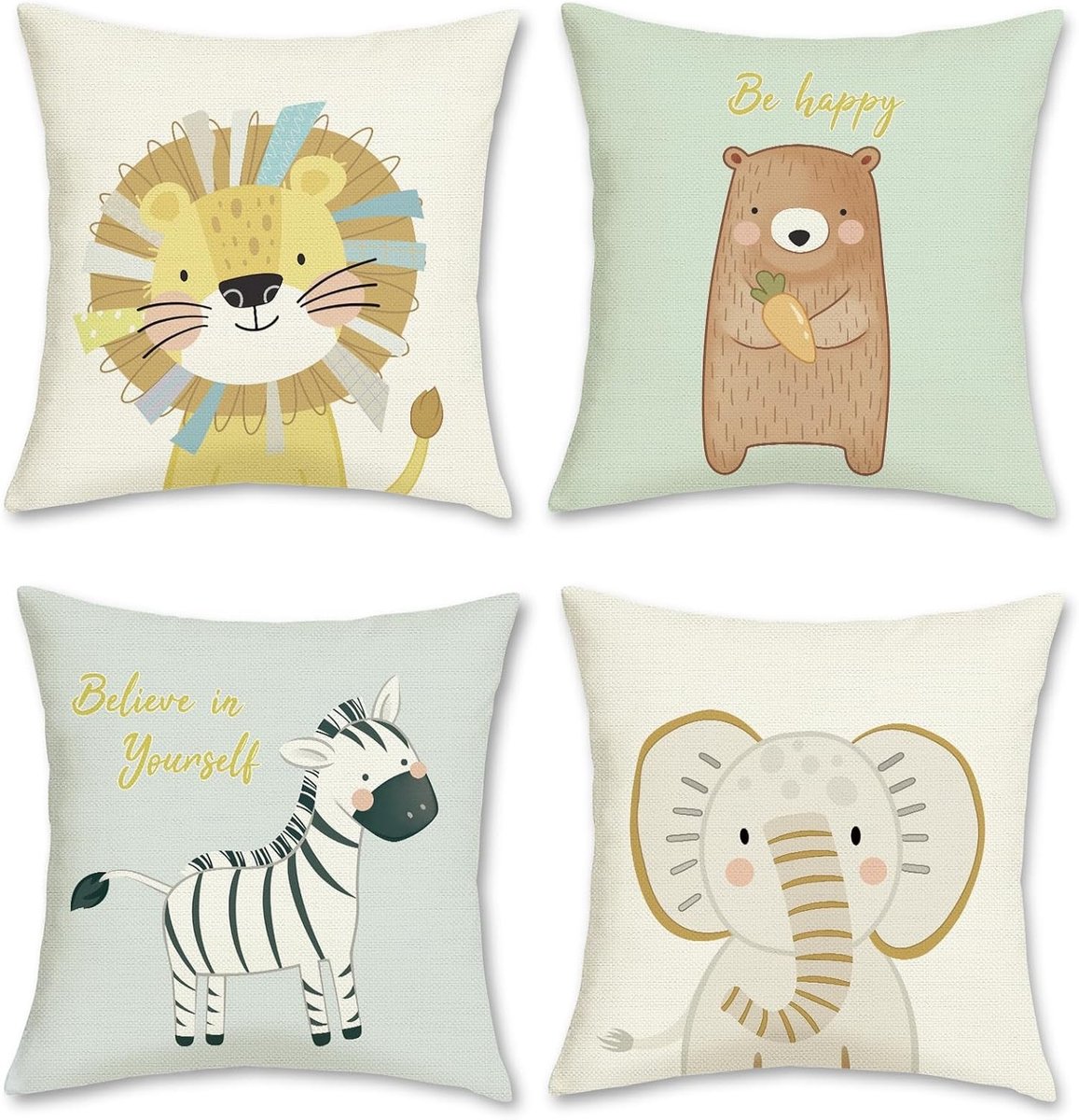 Cartoon Dieren Kussenhoezen 45x45cm - Leeuw, Beer, Zebra, Olifant - Polyester Linnen Decoratieve Kussens voor Bank, Bed en Buitenruimte - Set van 4