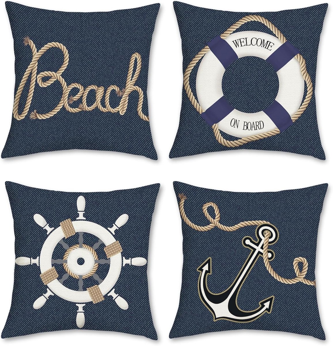 Nautische kussenslopen met ankerdesign 50 x 50 cm in marineblauw, decoratieve denim textuur, set van 4 voor sofa en bed, ideale woondecoratie en accentkussens