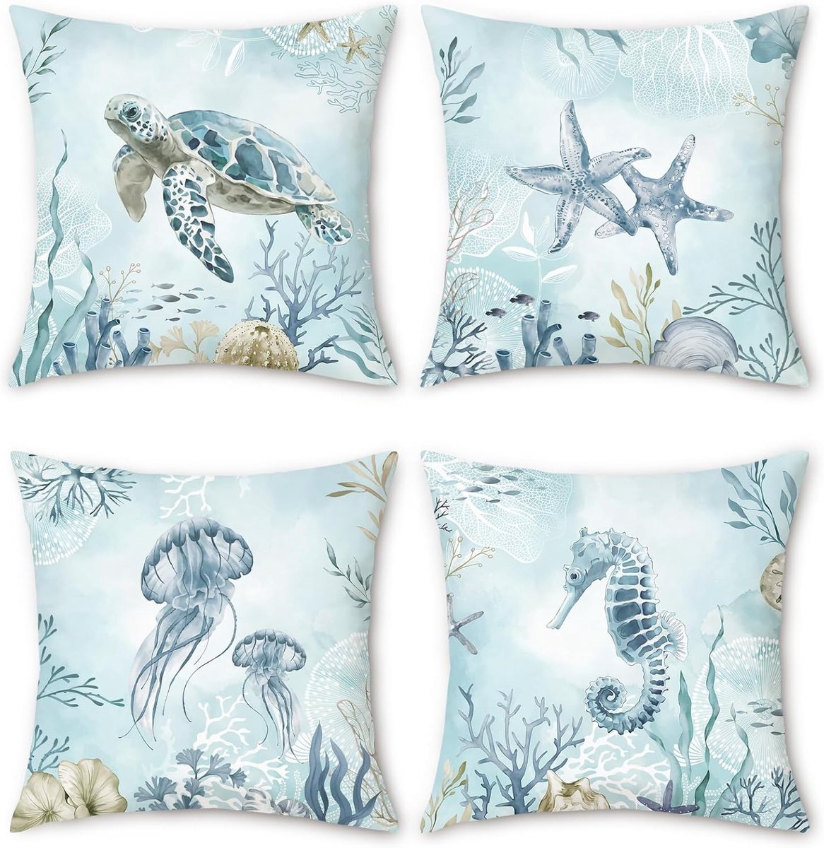 Coastal Blue Kussenslopen 45x45cm met Zeeschildpad, Zeepaardje en Sterfishes voor Stranddecoratie - Set van 4 voor Sofa en Bed