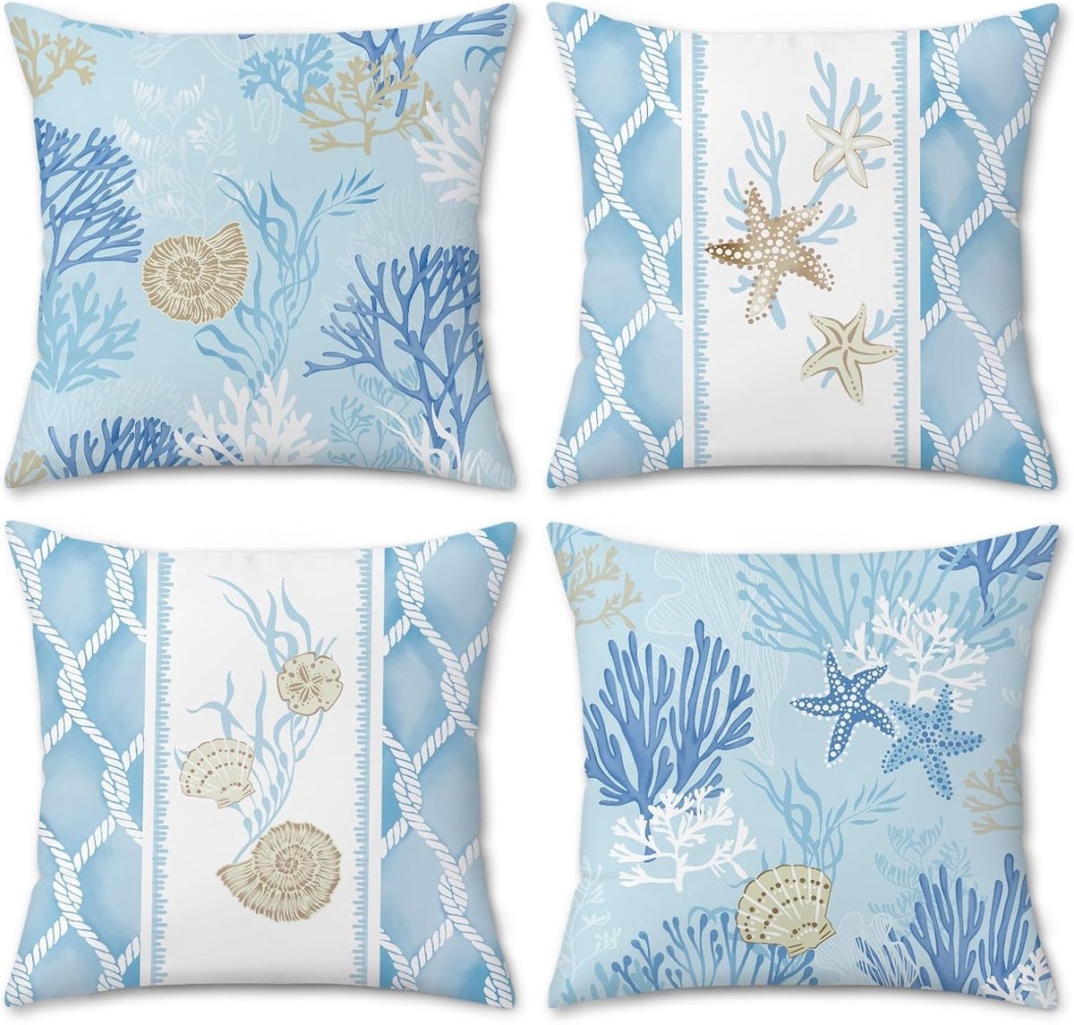 Coastal Strand Kussenhoezen 45 x 45cm met Zeeleven Ontwerpen in Zacht Velvet voor Sofa en Bed - Set van 4 Kussens voor Zomer Decoratie