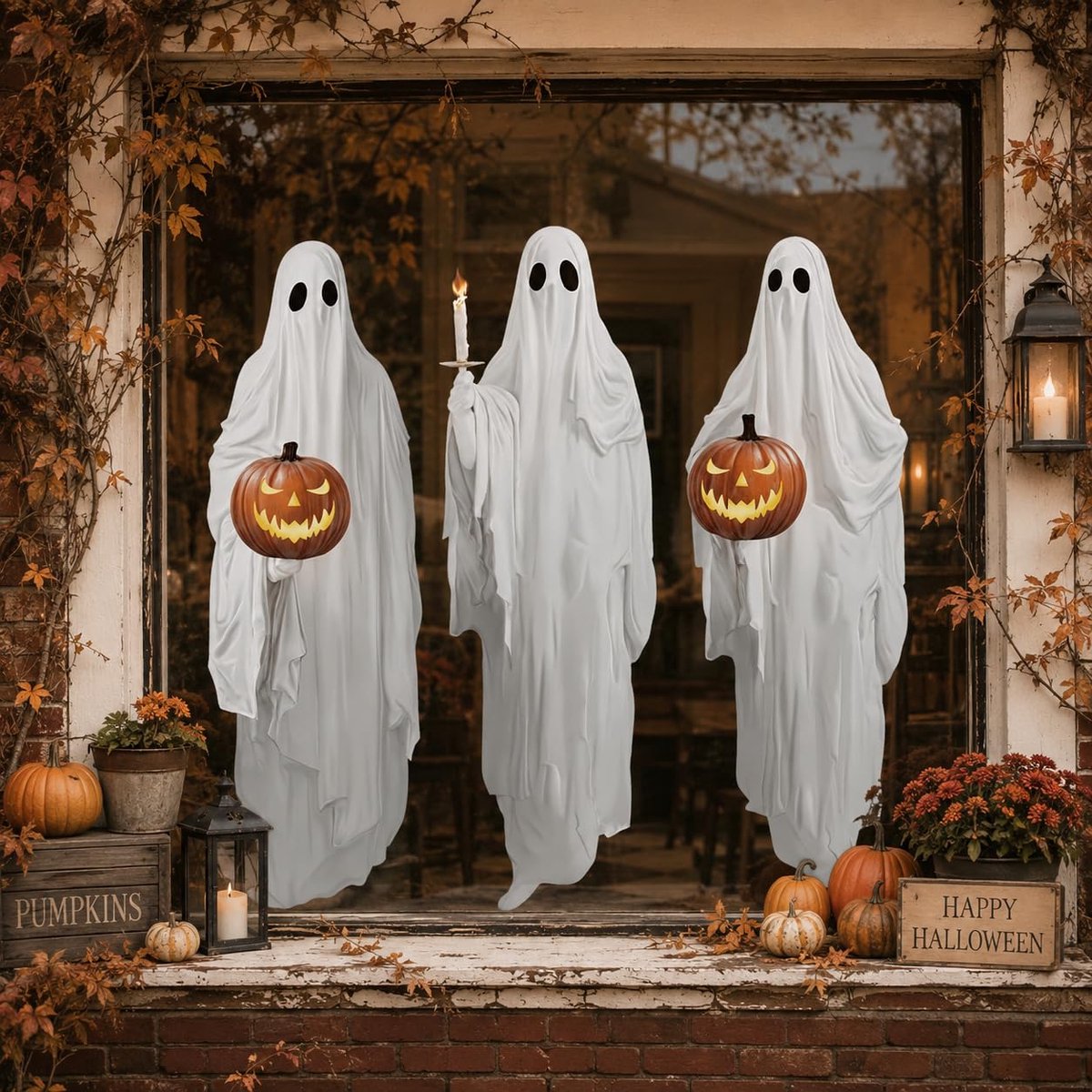 Halloween Raamdecoratie - 3 Grote Witte Spook Raamstickers 90x43cm - Herbruikbare PVC Raamsticker Voor Ramen, Spiegels en Glas - Spooky Ghost Decoratie Voor Halloween Feest en Huisversiering