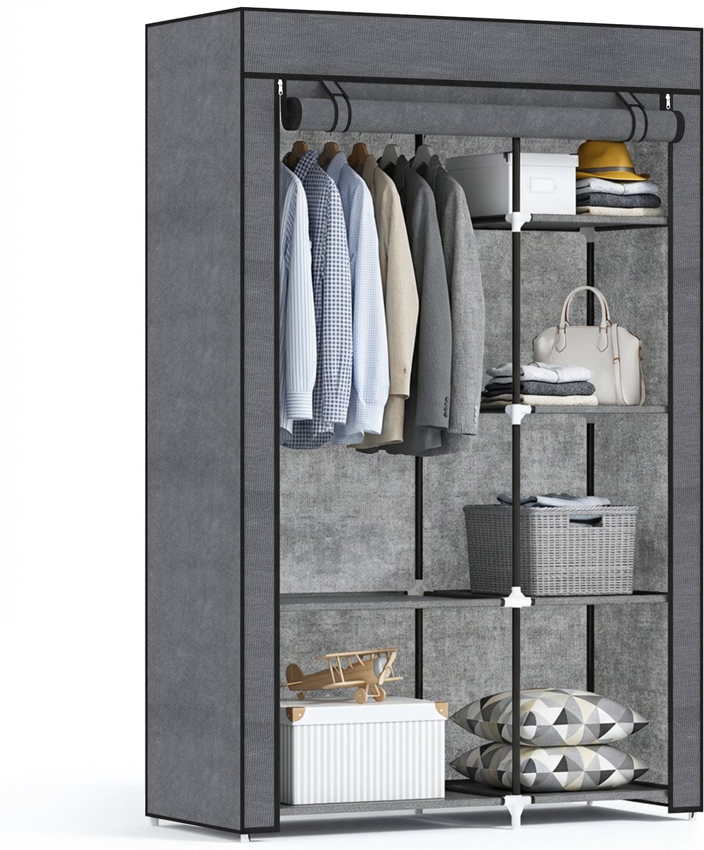 ECTEATOY® Opvouwbare kledingkast – Garderobekast - Kledingkasten met 6 planken en 1 kledingroede voor de slaapkamer (103 x 43 x 162,5 cm) – Donkergrijs