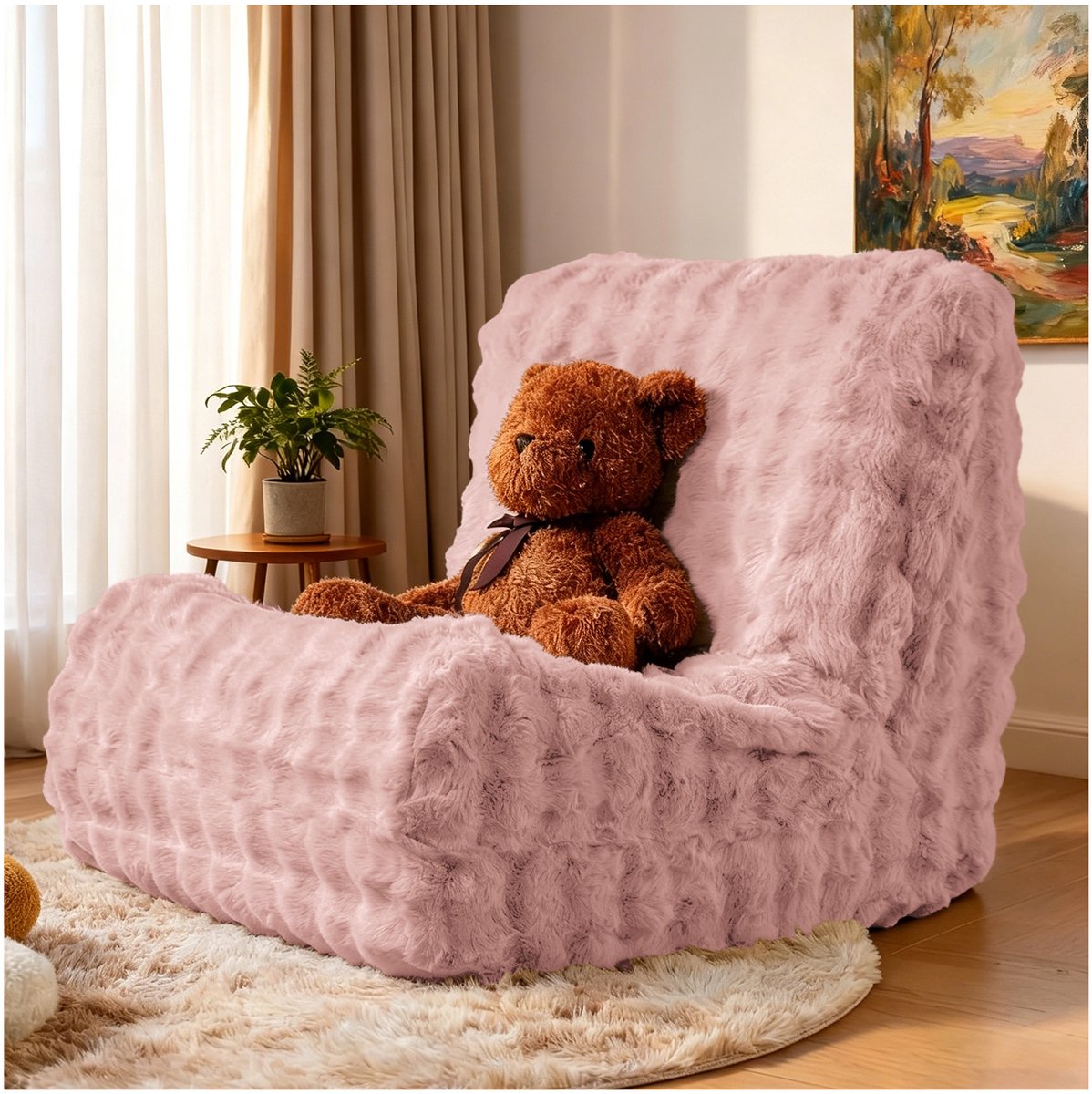 FloraGrace Zitzak Met Rugleuning Voor Kinderen Pink Flanel Indoor Comfortabele Loungestoel Voor Woonkamer En Slaapkamer