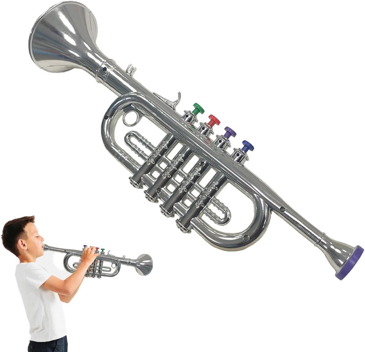 Kinder Trompet Speelgoed - Plastic Trompet Kinderinstrument - Muziek Leren - Met 4 Tonen - 37 cm - Zilver