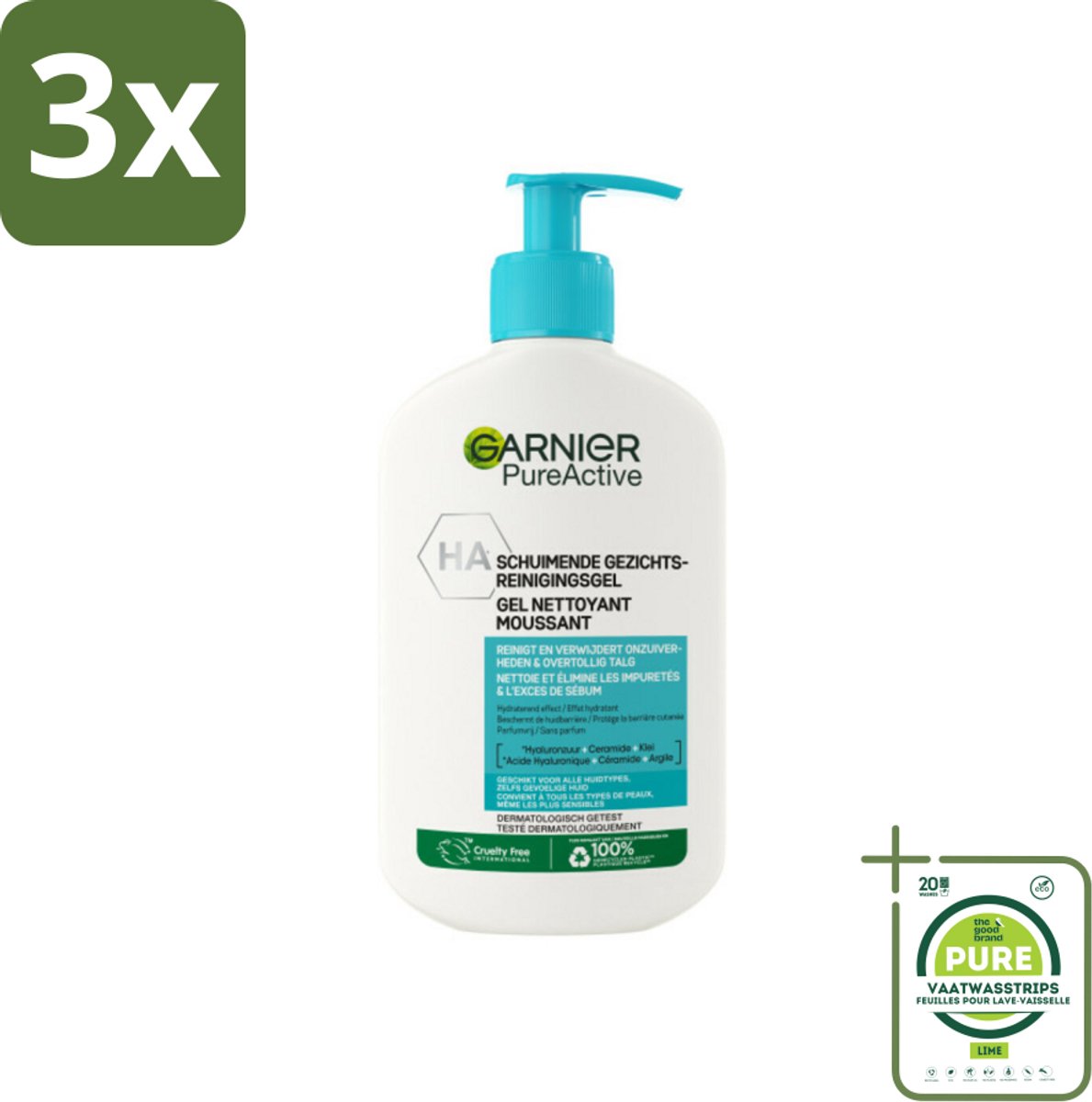 3 x Garnier - Pure Active - Gezichtsreiniger - Hydraterend - 250 ml - Grootverpakking - Gezichtsreiniger - Hydraterende Reiniger - Garnier Pure Active - Gezichtsverzorging - Gevoelige Huid