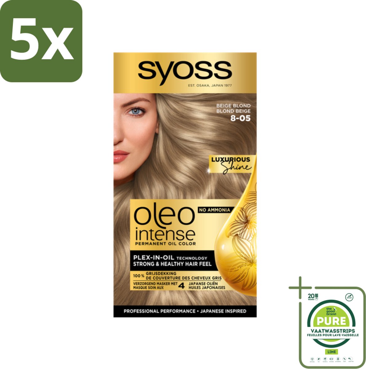 5 x SYOSS - Oleo Intense 8-05 Beige Blond - Haarverf - Zonder Ammoniak - Grijsdekking - Langdurige Kleur - Grootverpakking - Permanente Haarkleuring - Haarkleur - Haarkleur Zonder Ammoniak - Olie-formule - Grijsdekking