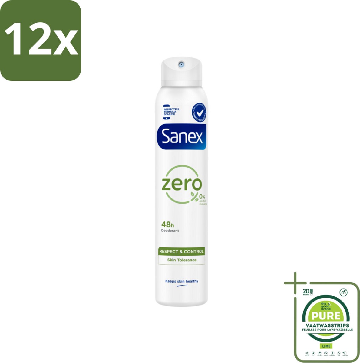 Sanex - Deodorant Spray - Zero% Normal Skin - Zonder Toevoegingen - 200 ml - Voordeelverpakking - 12 stuks - Sanex deodorant - Deodorant spray