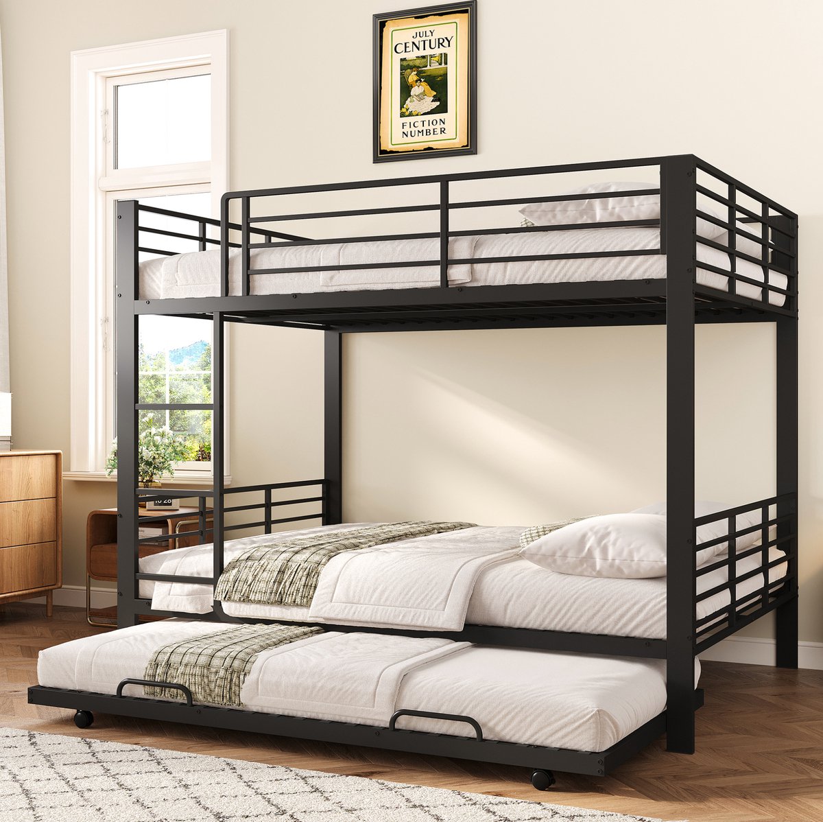 MIVRAY Stapelbed 140x200 cm - Met Uitrolbed, Veiligheidshek en Ladder - Zonder Matras voor Kinderkamer en Logeerkamer - Metaal - Zwart
