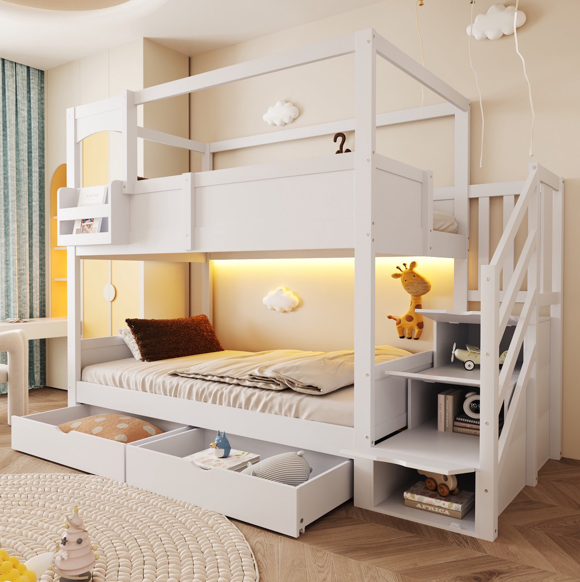 MIVRAY Stapelbed 90 x 200 cm - Kinderbed Met Huisdesign, Opberglades En Krijtbord - Met Trap En Veiligheidshekken - Hout En MDF - Wit