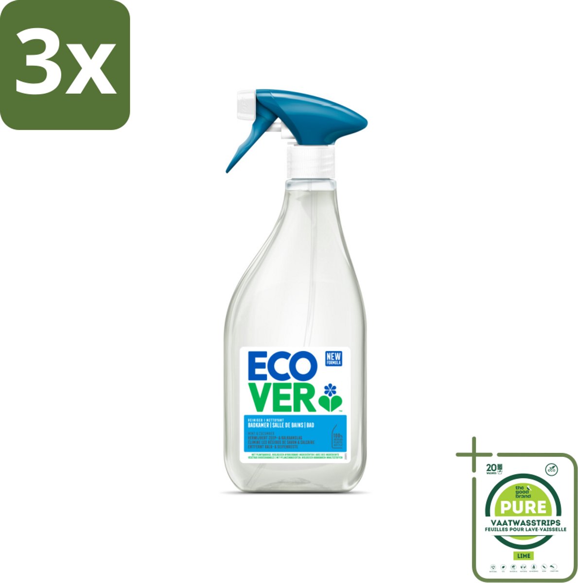 3 x Ecover - Badkamerreiniger - Munt & Komkommer - 500 ml - Grootverpakking - Badkamerreiniger - Kalkverwijderaar - Zeepresten - Muntgeur - Komkommergeur