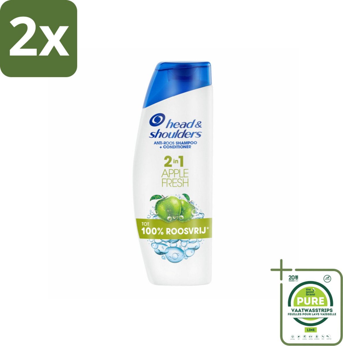 Head & Shoulders - Shampoo - 2-in-1 - Apple Fresh - 100% Roosvrij - 300 ml - Voordeelverpakking - 2 stuks - Anti-Roos Shampoo - Roze Shampoo
