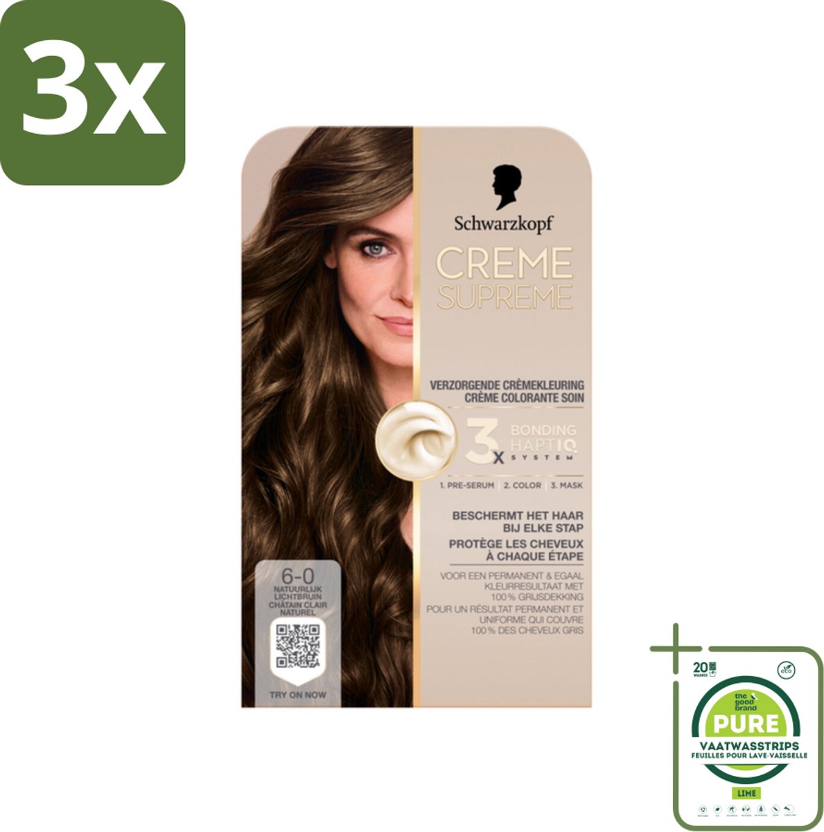 3 x Schwarzkopf - Haarkleuring - Creme Supreme 6-0 - Natuurlijk Lichtbruin - 245g - Grootverpakking - Haarverf - Permanente Haarkleur - Lichtbruin Haar - Grijsdekking - Haarkleur Verzorging