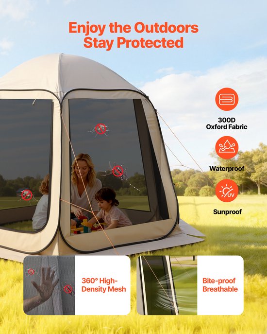 Pop-Up Tent 304,8 X 280,4 cm, Kampeertent voor 4-8 Personen, Partytent met Draagtas, Gaaswanden en Haringen, Geschikt voor Tuin, Terras en Buitenactiviteiten, Beige — afbeelding 4
