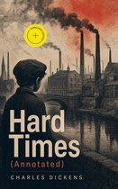 Boekomslag van 'Hard Times' met een jongen die naar een industriële stad kijkt, met schoorstenen die rook uitstoten.