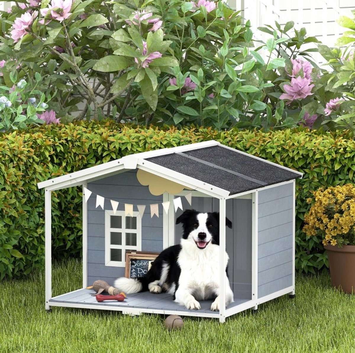 REDOM - Hondenhok voor middelgrote honden - Weerbestendig verhoogd ontwerp met asfaltdak en terras - Openklapbaar dak - Hout - Grijs - 103 x 107 x 83,5 cm