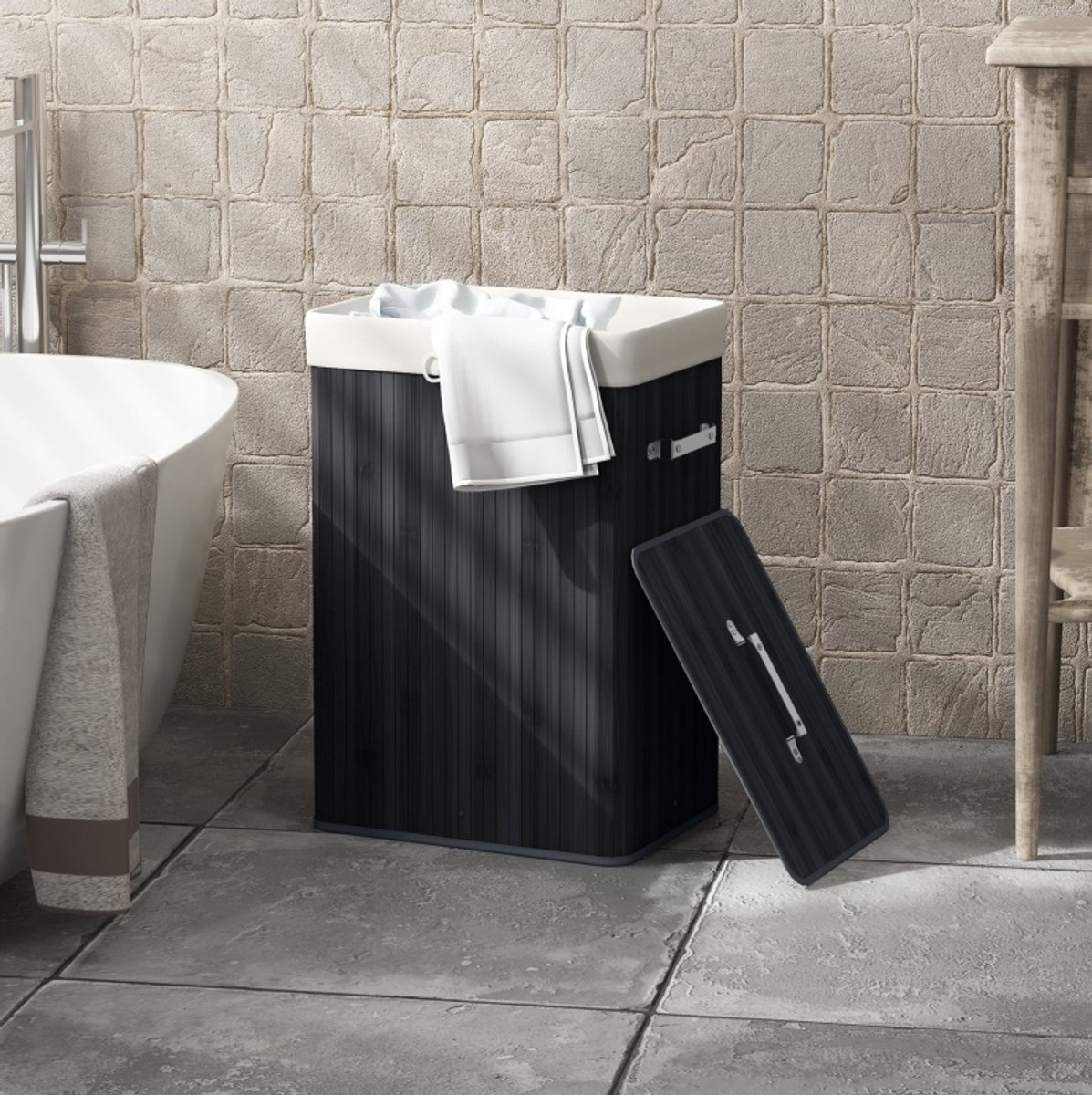 REDOM - Waskorf met deksel - 72L inhoud - Uitneembare waszak en handgrepen - Vouwbaar - Badkamer of wasruimte - Bamboe en zeildoek - Zwart - 40 x 30 x 60 cm