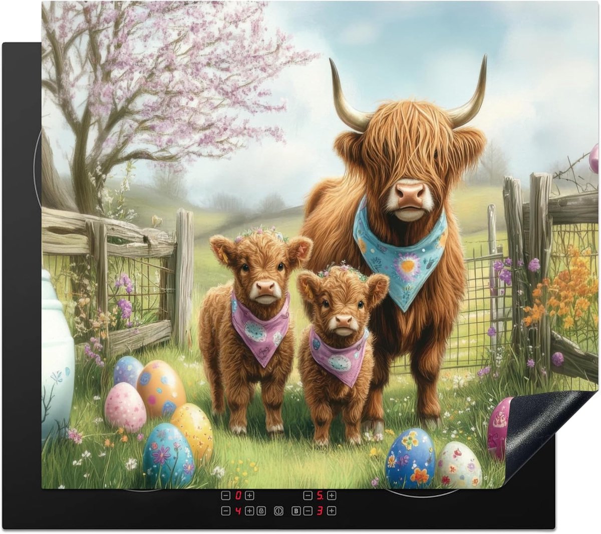 SnelShoppen - Inductiebeschermer 60x52cm Keuken Decoratie Kookplaat Beschermmat Antislip Mat - Schotse Hooglanders - Paaseieren - Lente