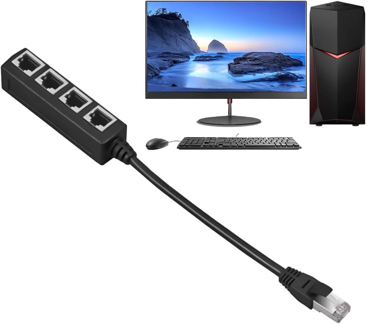 Internet Splitter - Netwerk Adapter - Internet Delen - Eén Kabel Vier Poorten - 18 cm - Zwart