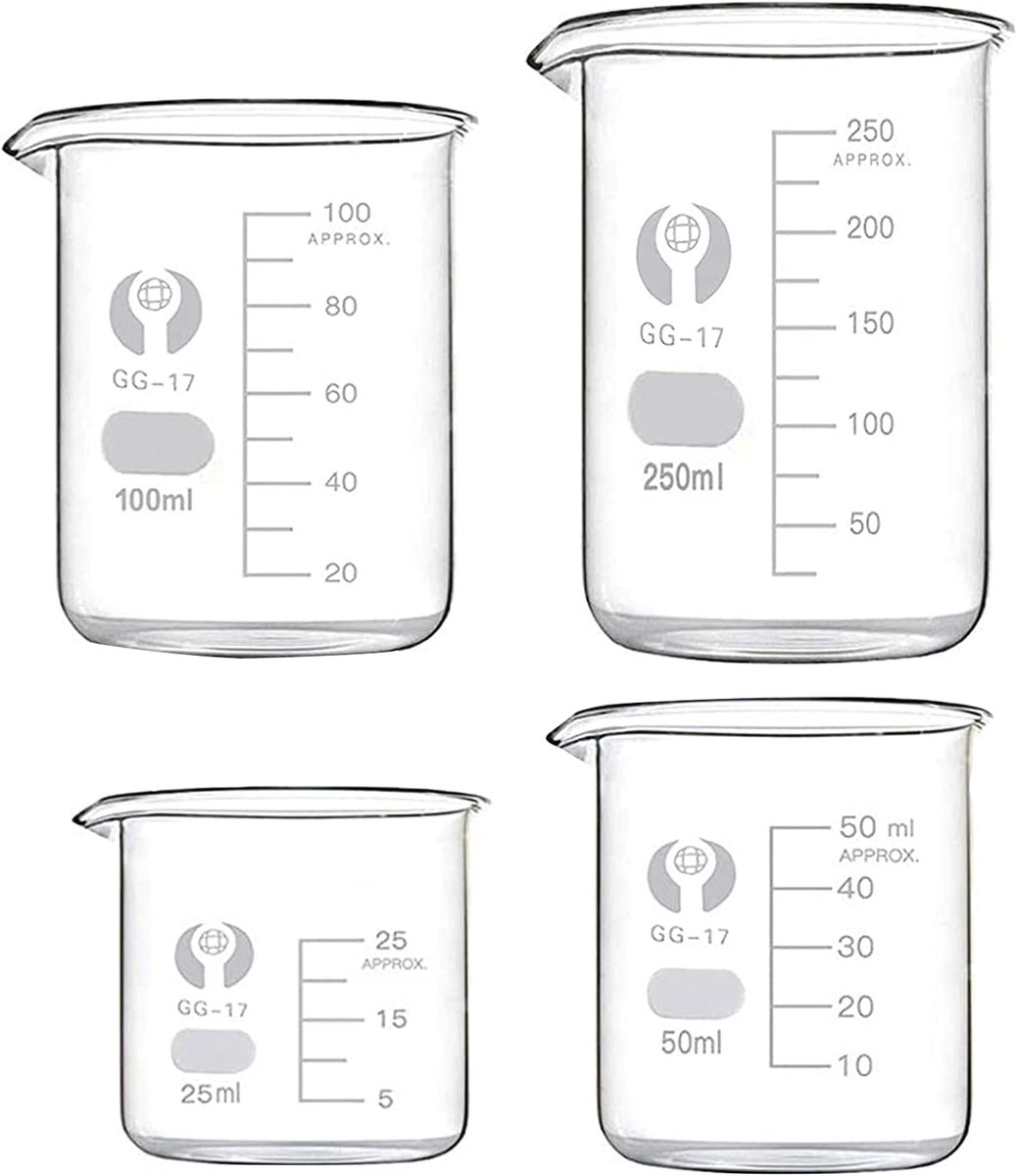 SnelShoppen - Beaker Set van 4 Stuks 25ml, 50ml, 100ml, 250ml Meetbeker Borosilicaatglas Laboratorium Glas Cups