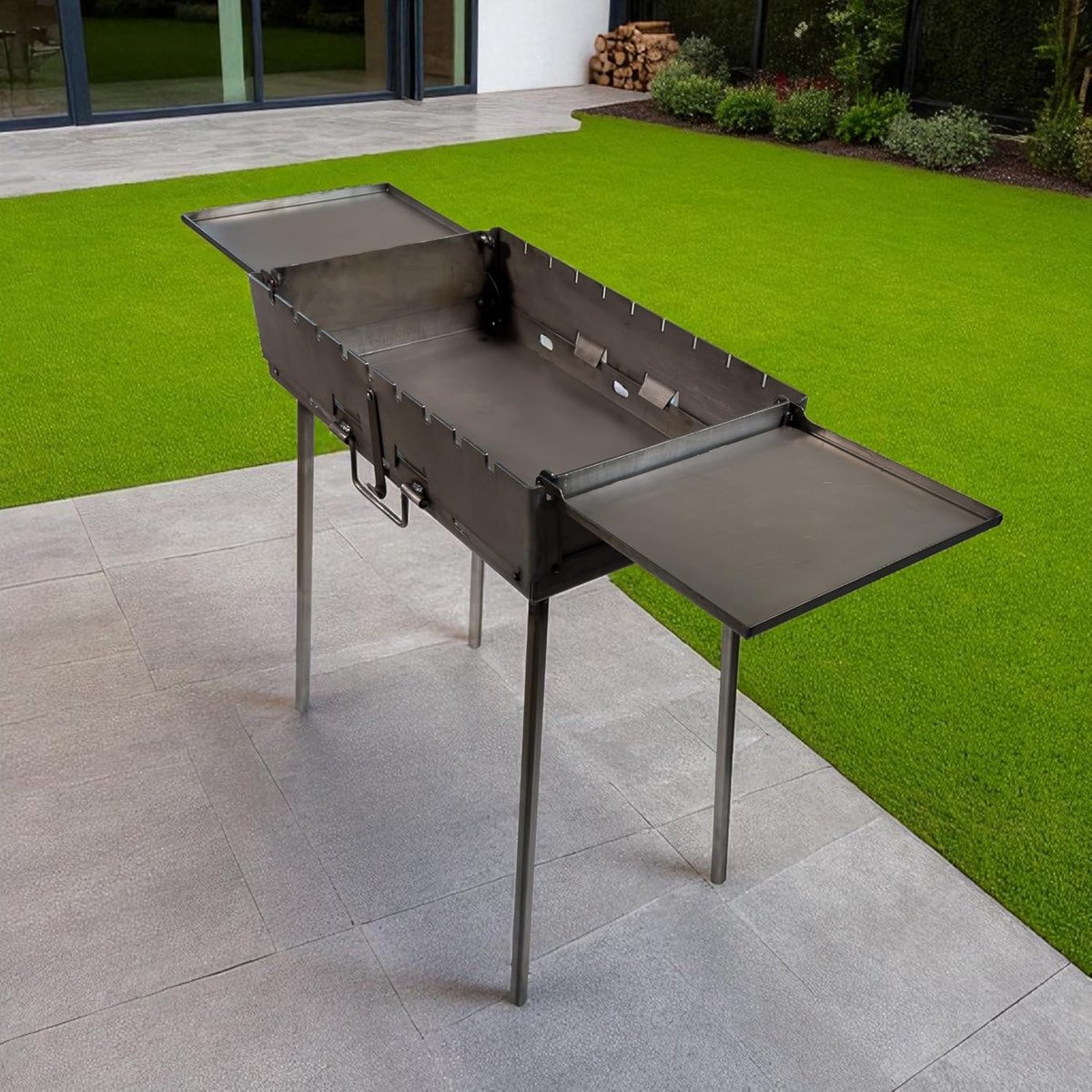 SnelShoppen - Draagbare Schaschlikgrill Transformer met 2 Vouwtafels, Vouwbare Houtskool Grill voor 12 Spiesen, Gemaakt van 3 mm Staal, Opvouwbaar als