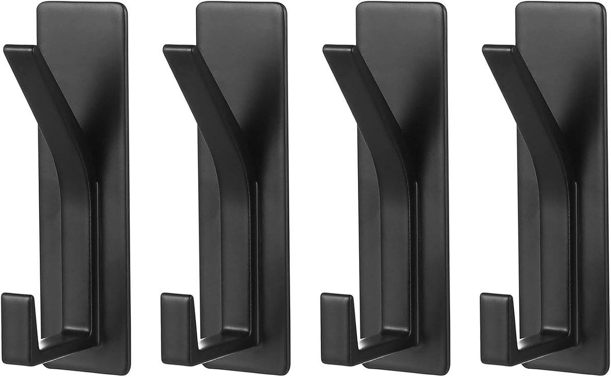 SnelShoppen - Set van 4 Zelfklevende Haken, Zwart, Metalen Jashaken, Geen Boren Nodig, Extra Sterk voor Badkamer, Keuken, Woonkamer, Handdoekhouder