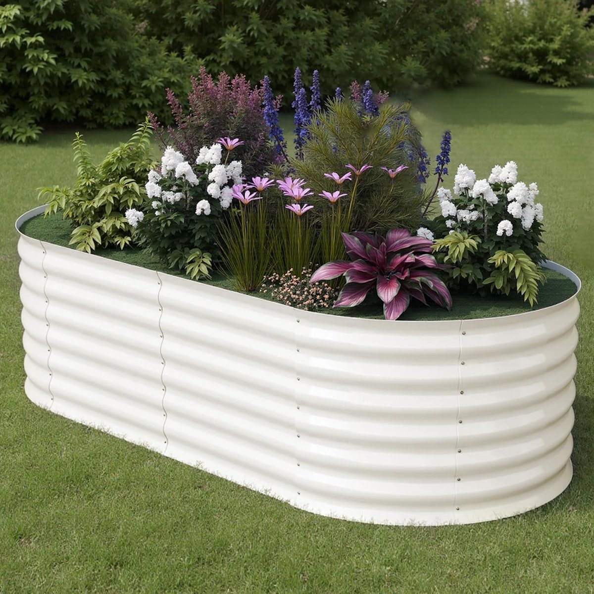 Gegalvaniseerde Moestuinbak Ovaal - Verhoogde Plantenbak Metaal 180 x 90 x 60 cm - Bodemloze Kweekbak met Versterkte Trekstang & Veiligheidsranden - Weerbestendig - wit