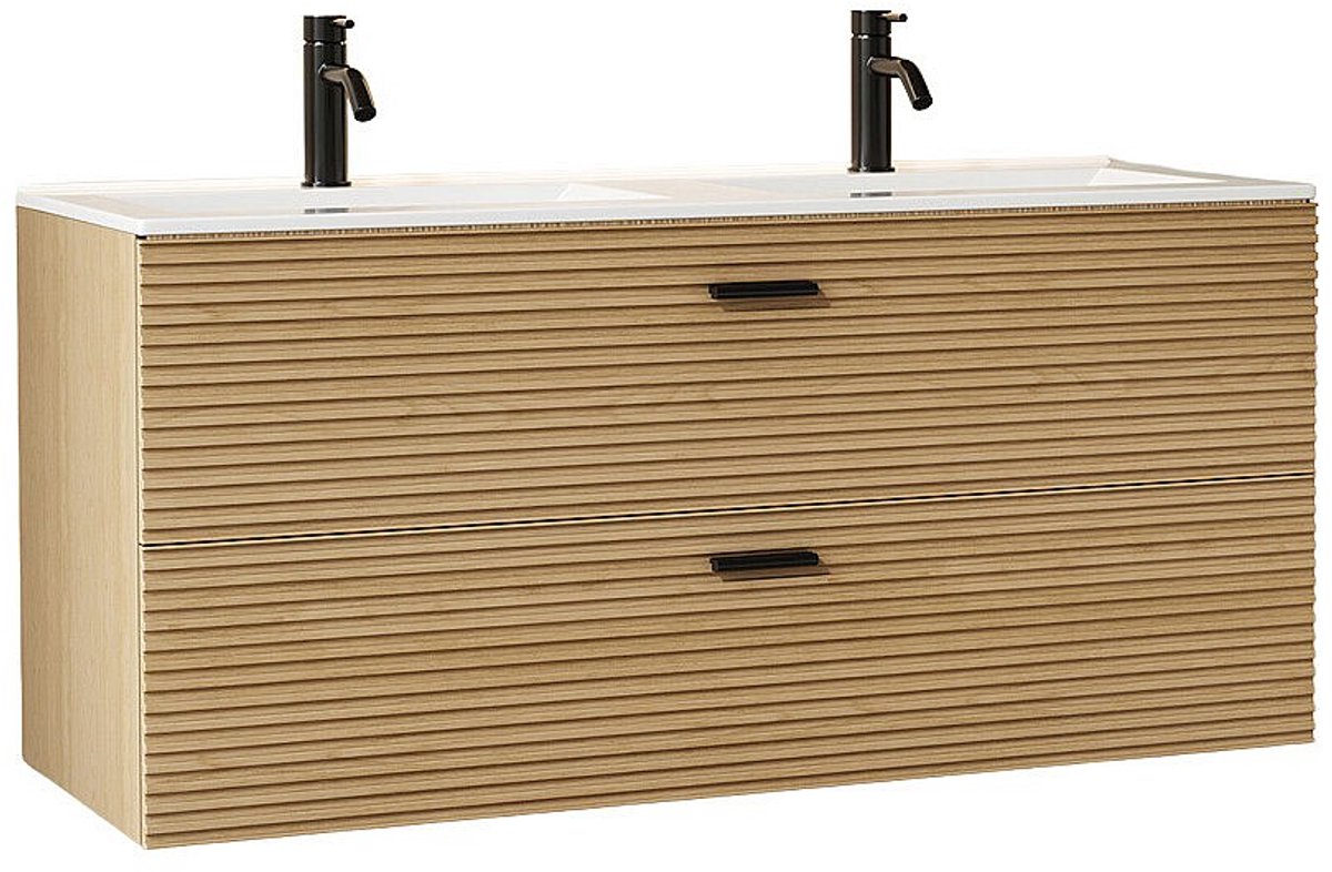 Vente-unique Geribbelde zwevend badkamermeubel met inbouwwastafel en kraan - 2 lades - Licht naturel - 120 cm - SARONE