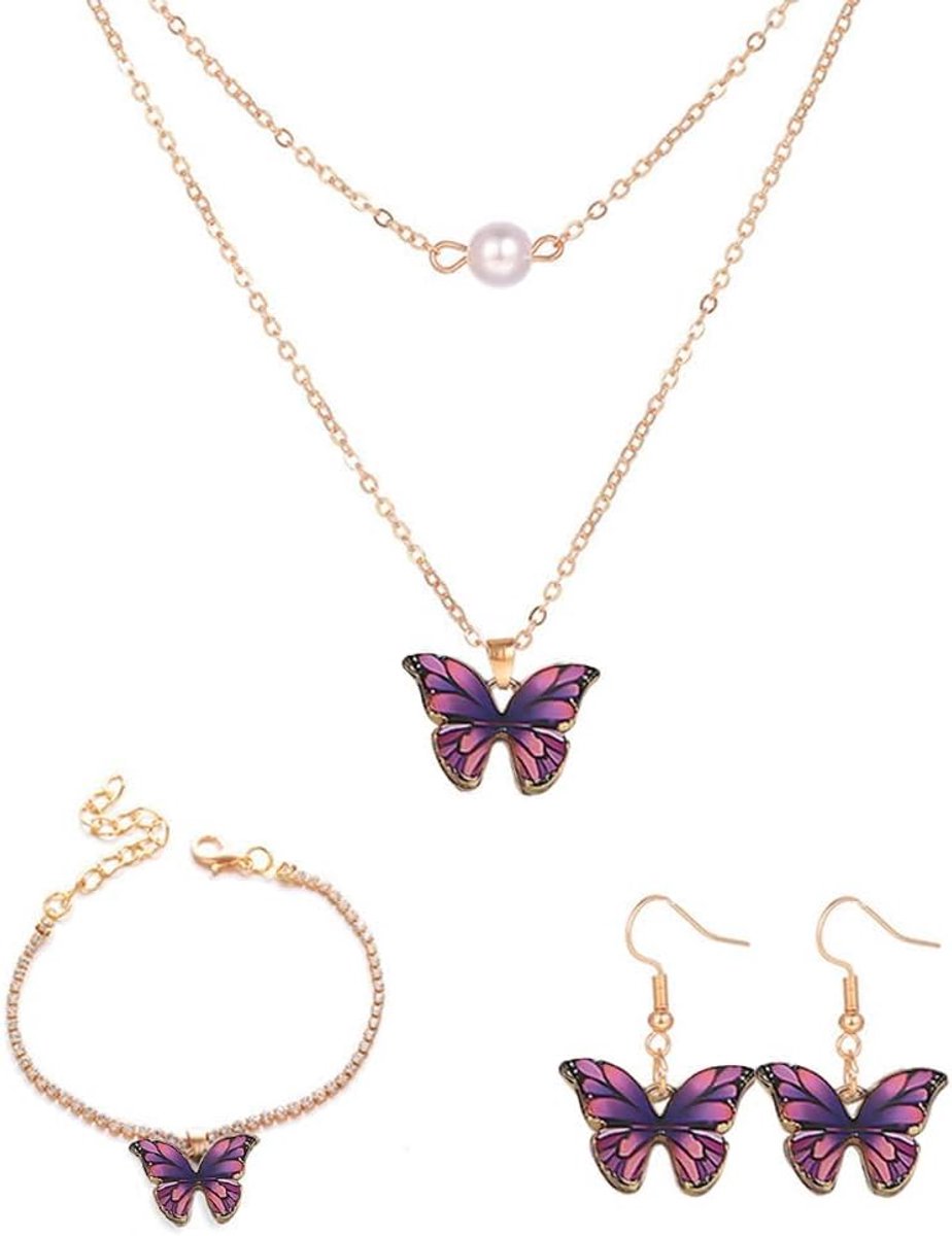3-delige sieradenset, halsketting, parels, oorbellen, vlinderarmbanden, sieradenset, bruid cadeau voor Valentijnsdag of Kerstmis, voor dames en meisjes