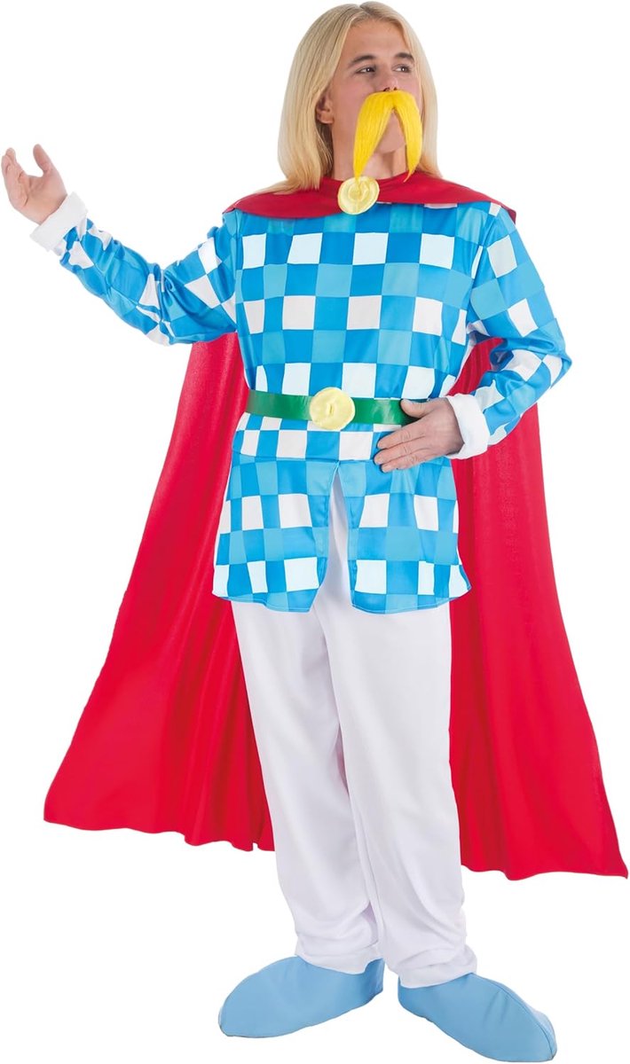- Kakofonix-kostuum voor heren, Gallische bard-outfit | Officieel Asterix-outfit, 6-delige set met shirt, broek, cape, snor en accessoires, Comic Con