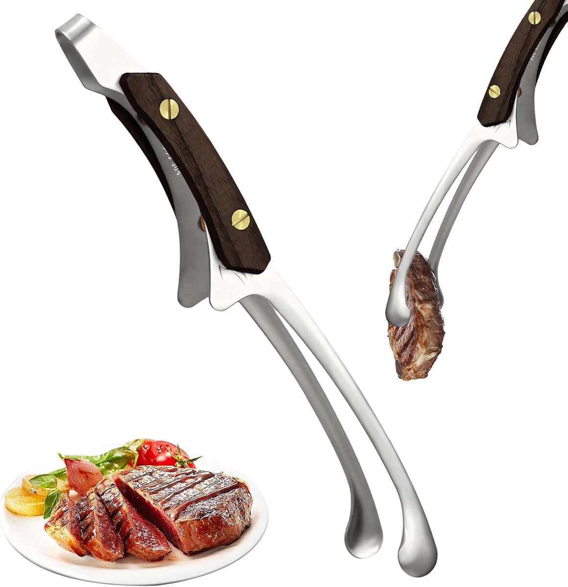 Kookpincet, 25,5 cm, zilverkleurig, keukenpincet met dubbele voet, multifunctionele grillpincet, roestvrij staal, vleespincet, roestvrij staal met houten handvat, voor keuken, grillrestaurant