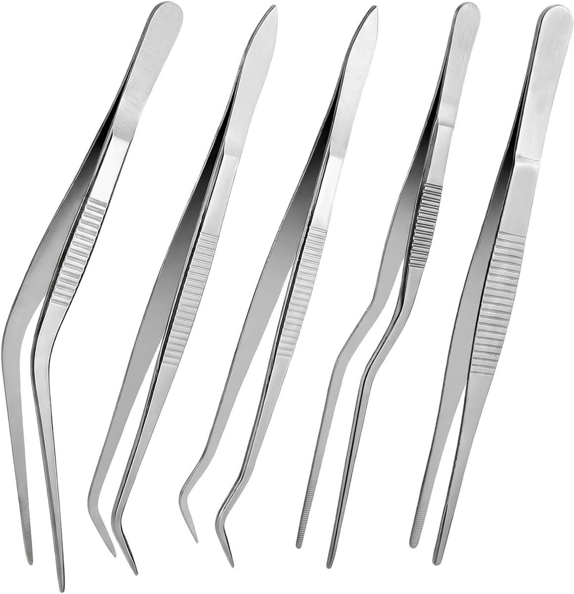 5 stuks kookpincetten roestvrij staal 16 cm, pincet keuken voor kok kookgerei | Grillpincet, keukenpincet, voor het decoreren van gerechten, koken bakken, kookgerei, vleespincet (zilver)