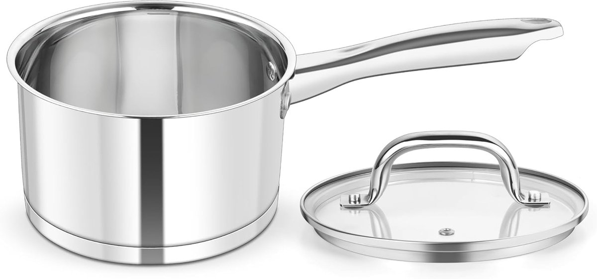 Steelpan, 14 cm, roestvrij staal, kleine melkpan, inductie met glazen deksel, 0,95 l, kookpan, braadpan met 3-laagse bodem voor alle warmtebronnen, gezond en ongecoat, vaatwasmachinebestendig