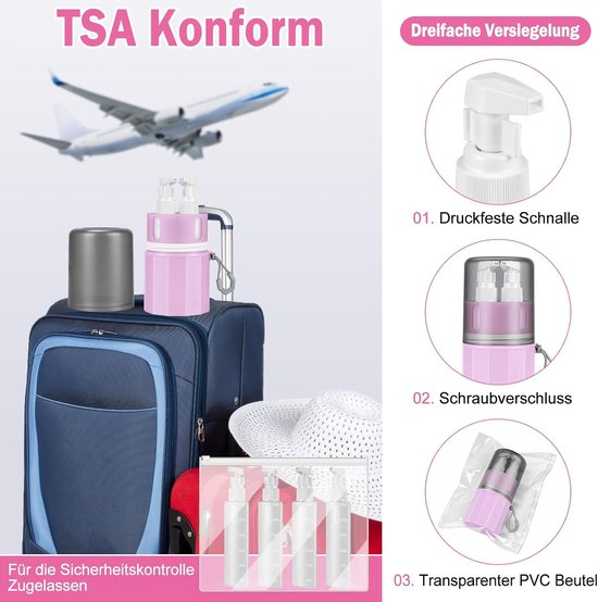 4-in-1 reisdispenser, navulbare reisflessenset, lekvrij, met zuignap voor gladde muren, reisflessen voor toiletartikelen, draagbaar voor zakenvluchten, reizen, sportschool (roze) — afbeelding 4