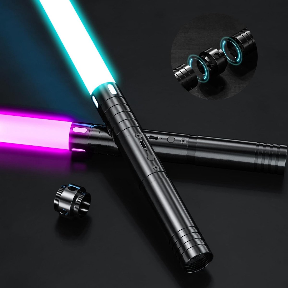 RGB 15 kleuren, USB oplaadbaar lichtzwaard met FX-geluid, lichtzwaard, speelgoed voor kinderen, Halloween, Galaxy oorlogstrijders, cosplay (60cm 2 stuks)