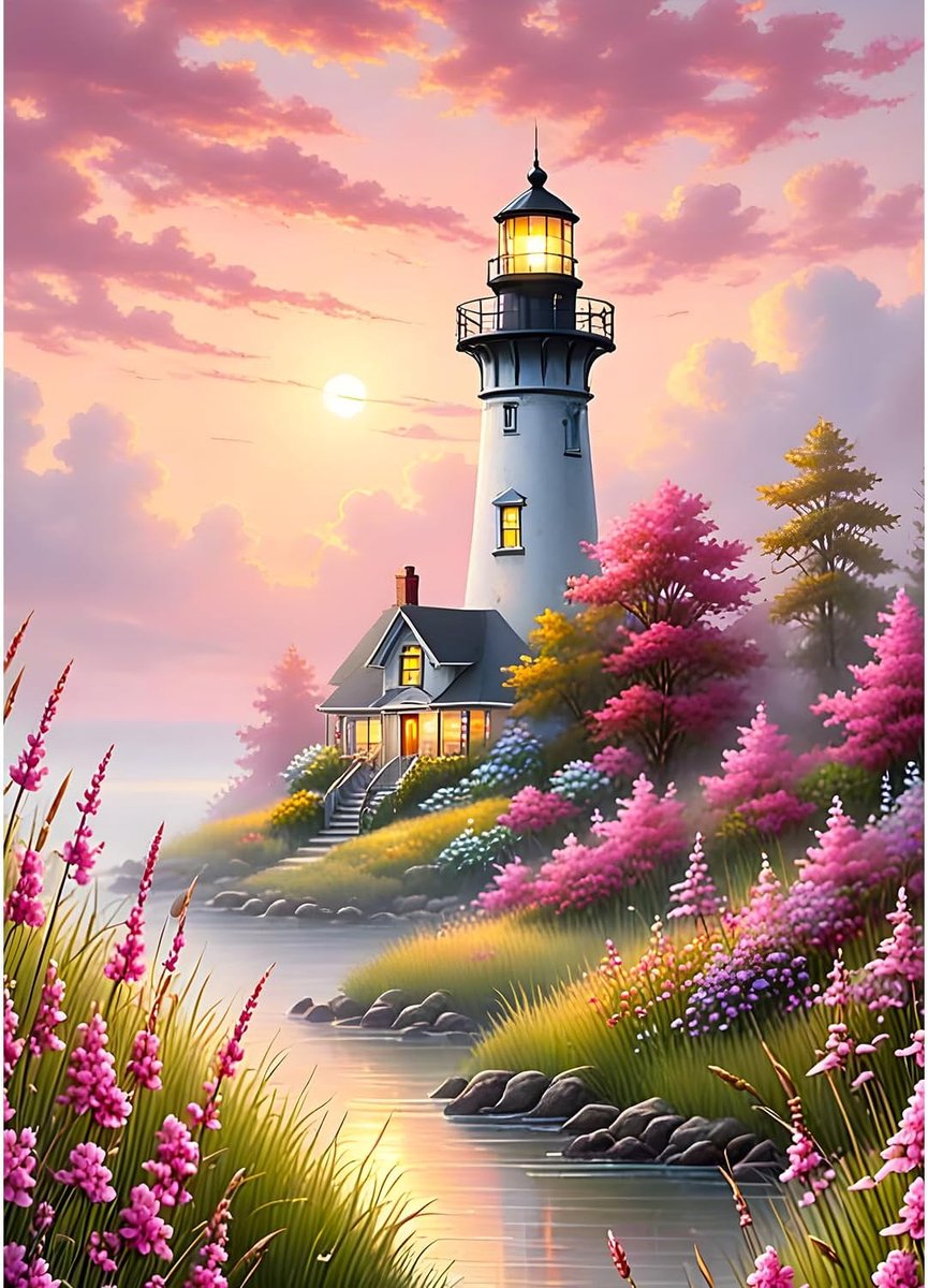 5D Vuurtoren Diamond Painting Kit voor Volwassenen Avondglut Wildbloemen Diamant Kunst Kits Volledige DIY Landschap Diamantborduurset Perfect voor ontspanning en decoratie 30 x 40 cm