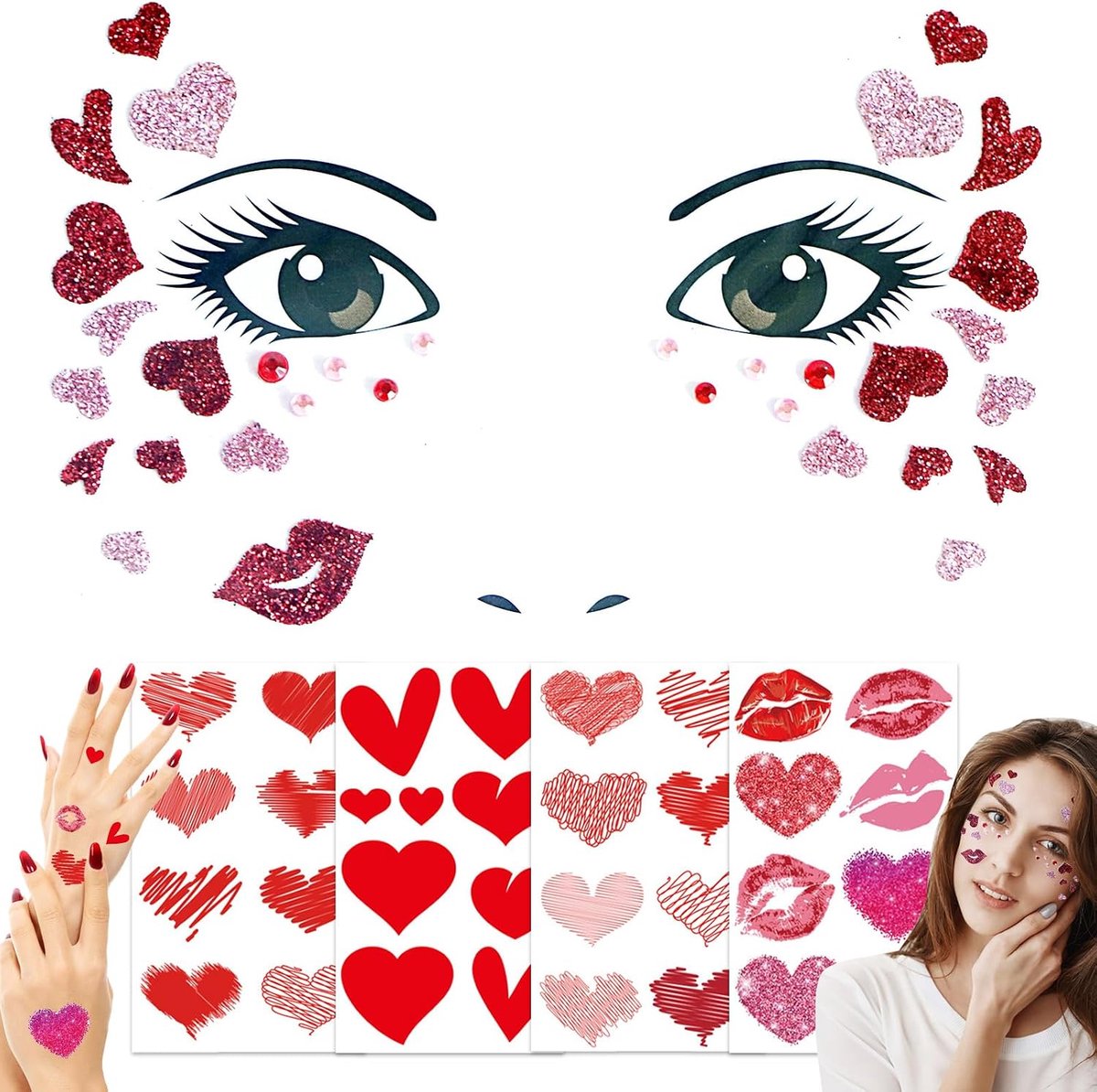 5 stuks LOVE-Hart Face Art & Tattoo - Vlinder, afneembare gezichtsstickers, tijdelijke tatoeages, glitter gezichtsverf voor feesten, carnaval, Halloween, voor kinderen en volwassenen