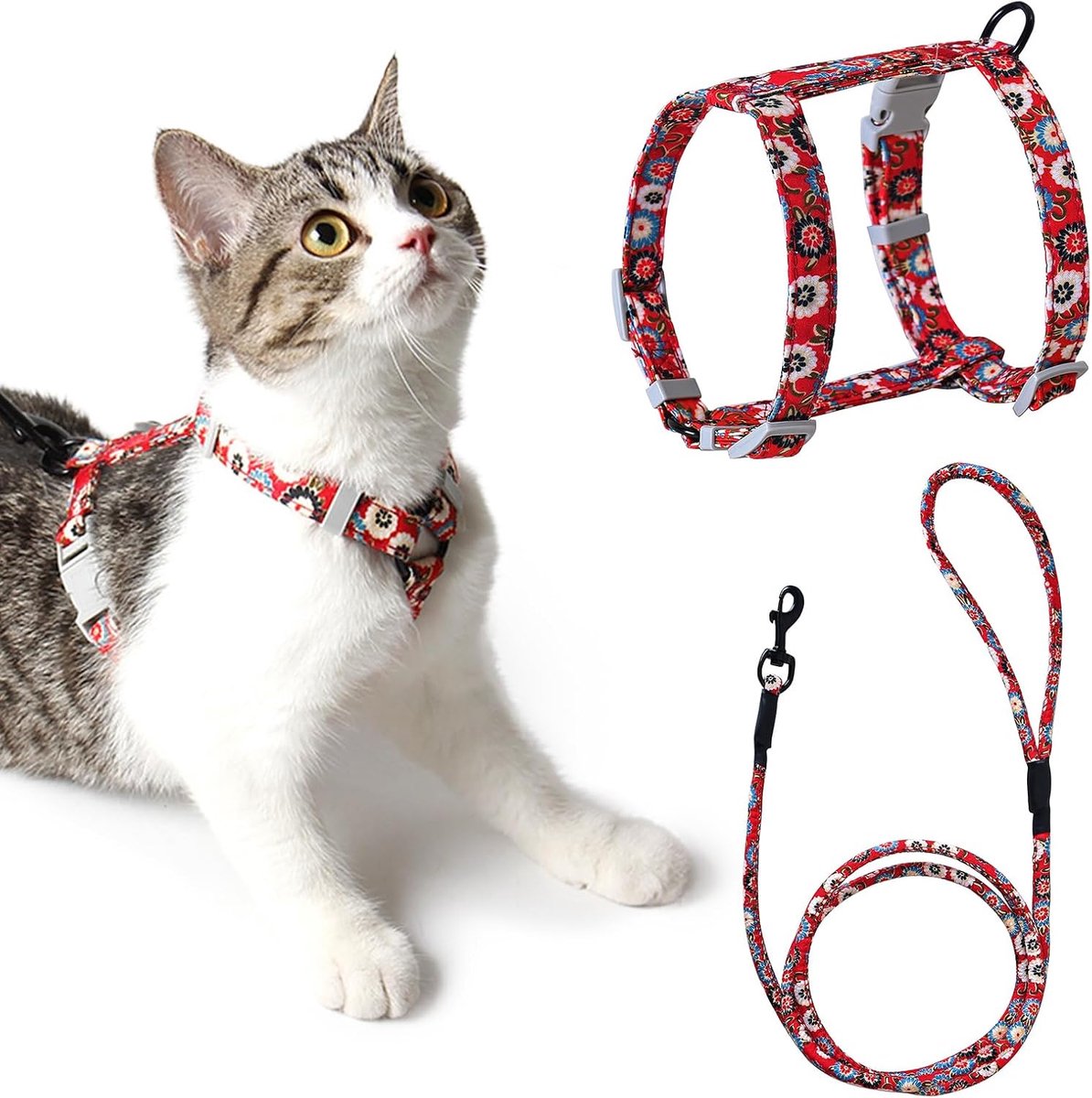 Kattenharnaslijn, Verstelbaar Harnas en 145CM Touwlijn voor Kattenveiligheid Wandelen (S Rood)