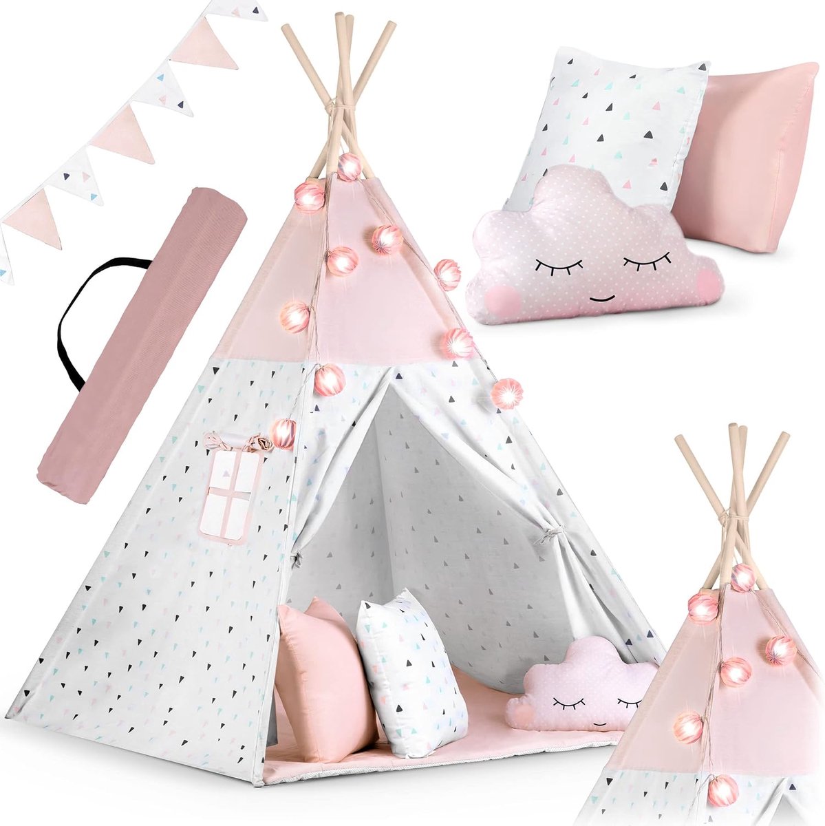 Nukido - Tent in Montessori-Stijl en Slinger, Kerstverlichting en Afdekking - Natuurlijke Materialen, Eenvoudig Op Te Zetten, Stabiele Constructie, Inclusief 3 Kussens en Isolatiemat