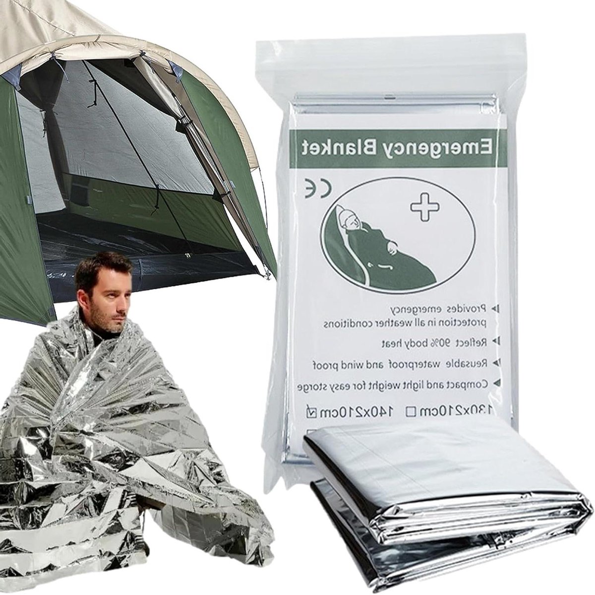 Survival Deken - Nooddeken Thermos - Outdoor Bescherming - Reflecterend Signaal - 160x210cm - Zilver