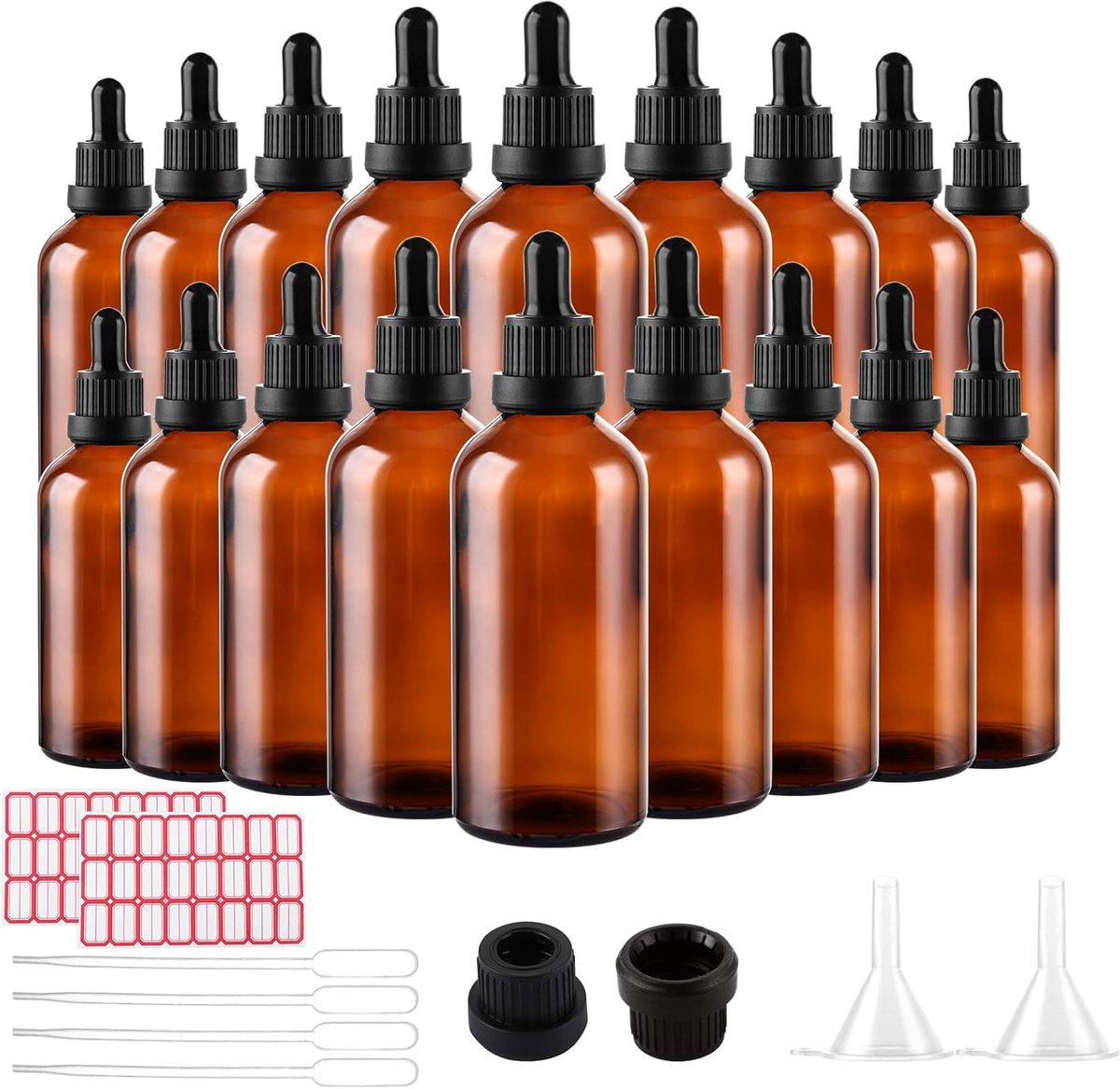 100 ml, bruine glazen druppelfles, glazen fles met pipet, bruine glazen fles voor etherische olie, parfumolie, aromatherapie, geuren, vloeistof, 18 stuks