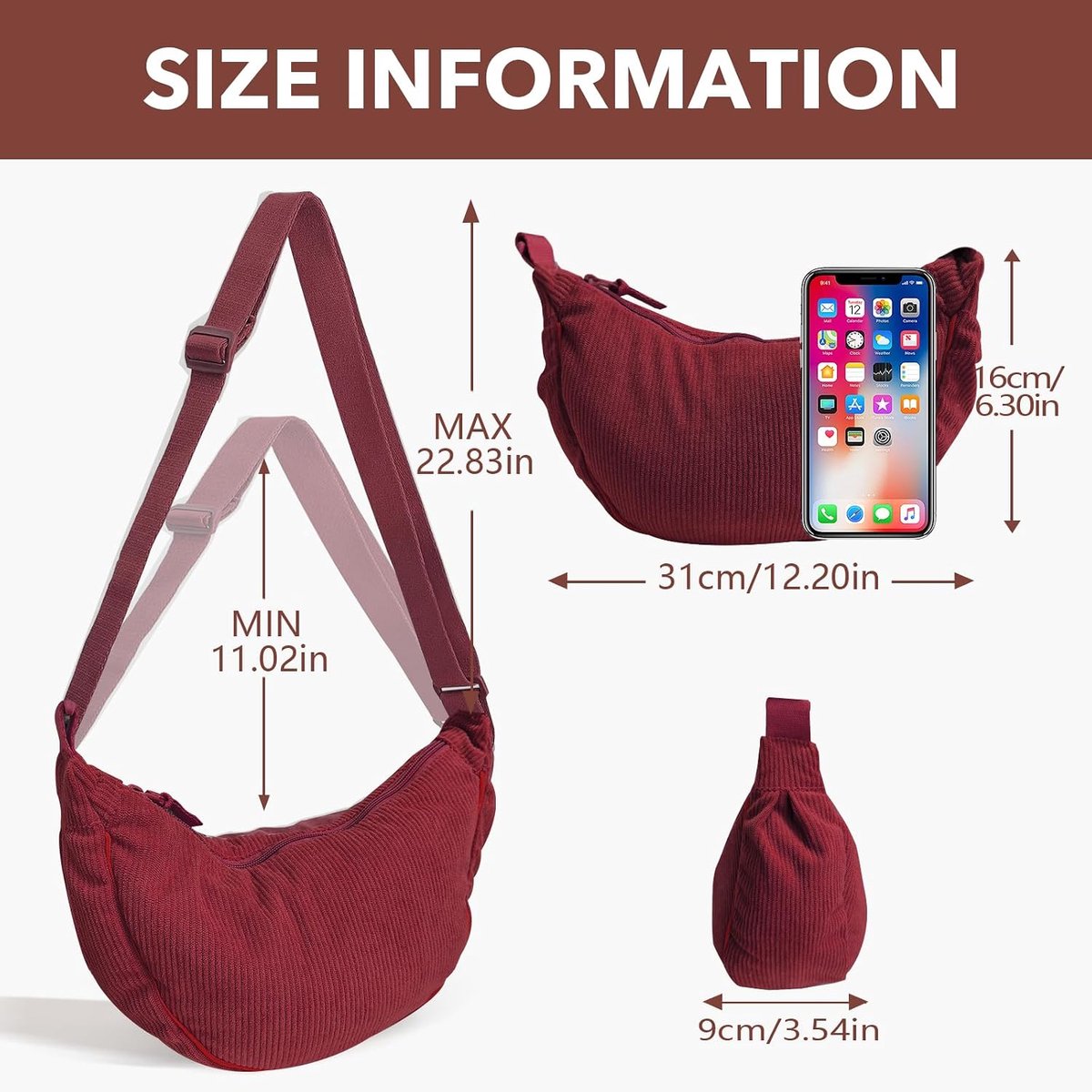 maan tas voor vrouwen nylon halve maan tas knoedel zakken nylon crossbody tassen vrouwen met verstelbare riem draagbare halve maan portemonnee voor dagelijks gebruik, Wijn Rode corduroy