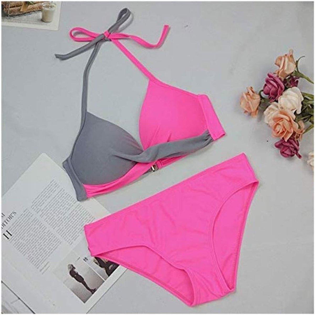 Tweedelige push-up-bikiniset, rugvrij, patchwork, badpak, grote maat, Roze, S
