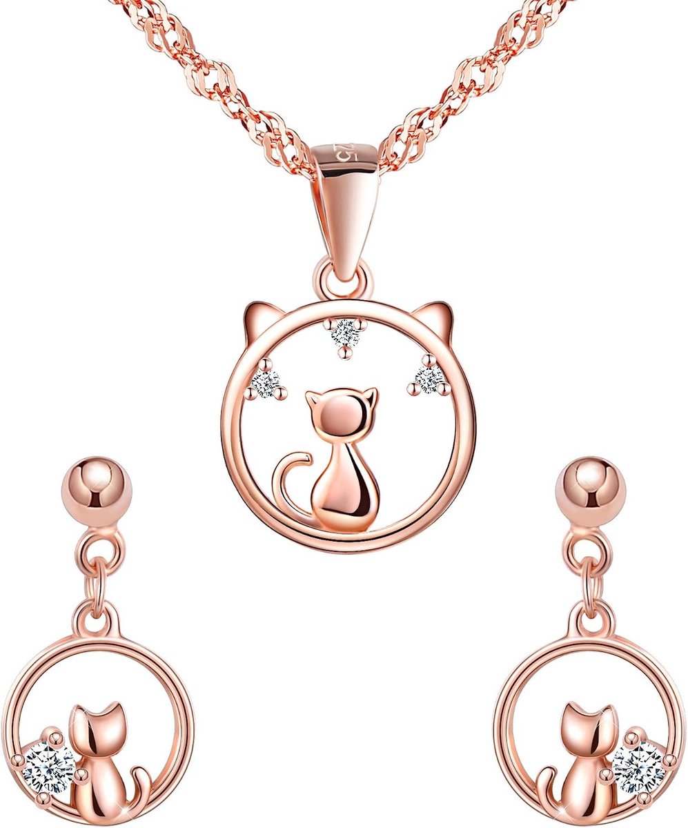Sieradenset voor dames, halsketting met kattenhanger en oorstekers van 925 sterling zilver, roségoud, voor vrouwen en meisjes