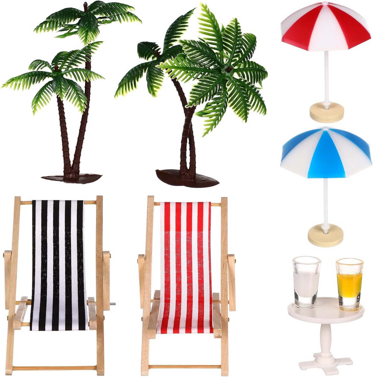 Strand-microlandschap miniatuurset met mini ligstoelen, palmen, parasols en ronde salontafel, miniatuur stranddecoratie voor poppenhuis en doe-het-zelf micro-landschap, 13 x 13 x 3 cm