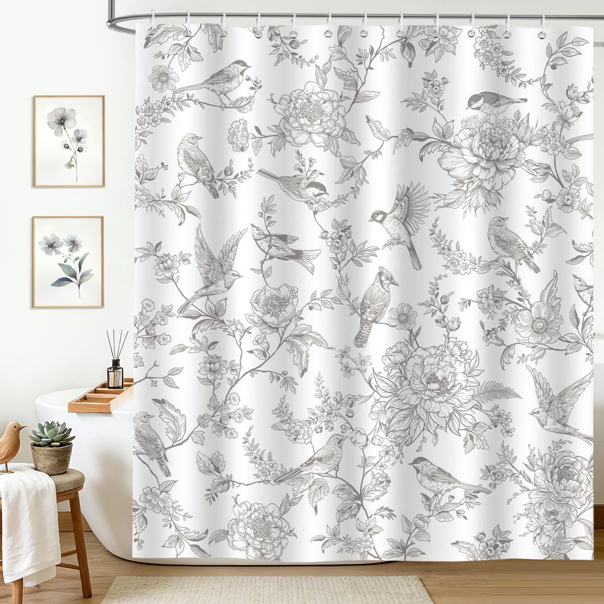 Omgoods - Retro Cottage Douchegordijn 180 x 180 cm met Bloemen en Vogels