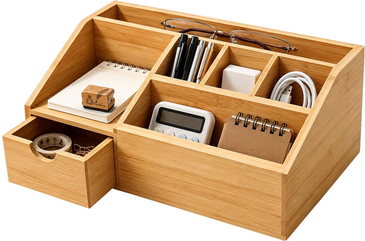 Omgoods - Houten Bureau-organizer met Lade - Trapeziumvormig Ontwerp voor Thuis en Kantoor