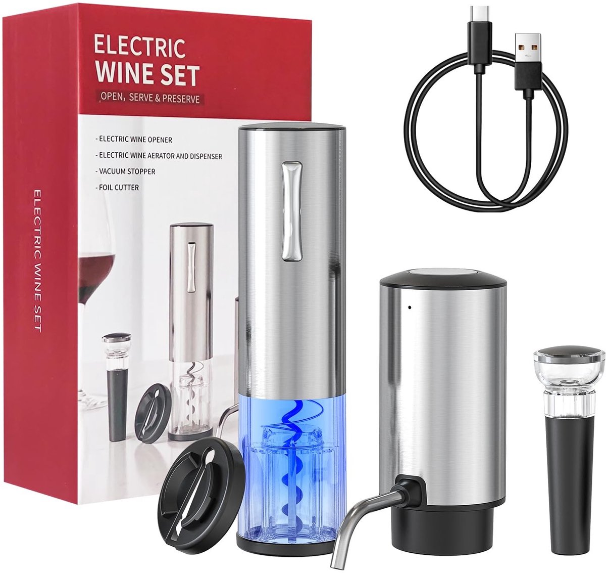 Omgoods - Elektrische Kurkentrekker - 4-in-1 Set met Oplaadbare Wijnopener en Vacuüm Sluiting - Luxe Cadeauverpakking