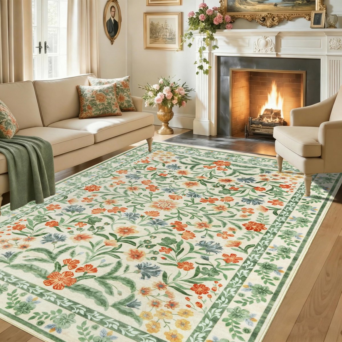 Omgoods - Wasbaar Behangtapijt, Beige 160x230 cm, Bloemenmotief, Antislip, Boho Stijl